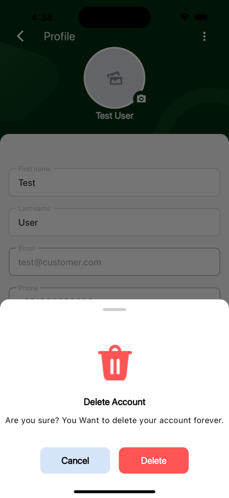 Gojo Shop - Ventana emergente de confirmación de eliminación de cuenta en la página de perfil de usuario de la aplicación Gojo Shop