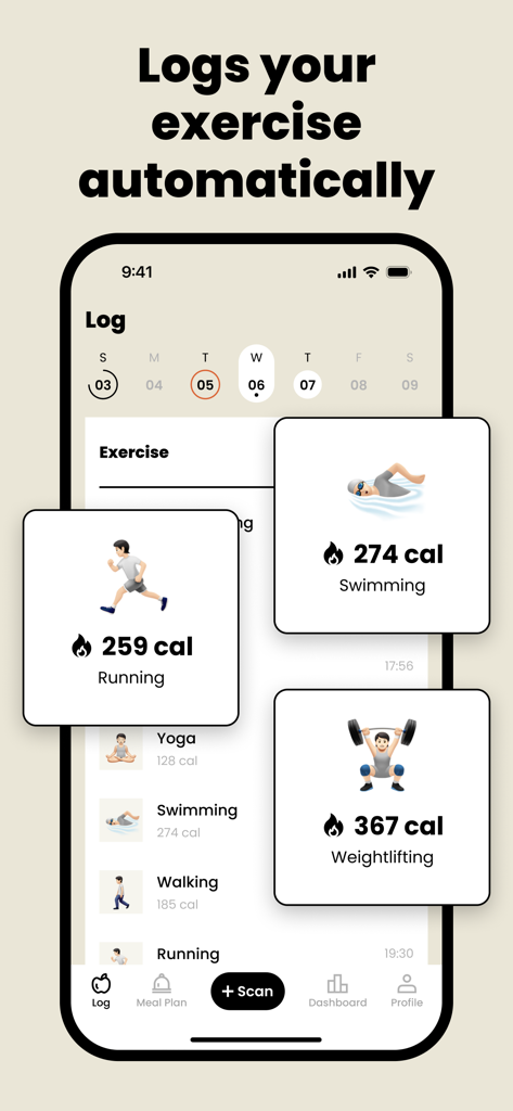 Food Analysis Pal - CalDiet - Smartphone screen showing the automatic exercise log with calorie counts for running, swimming, and weightlifting