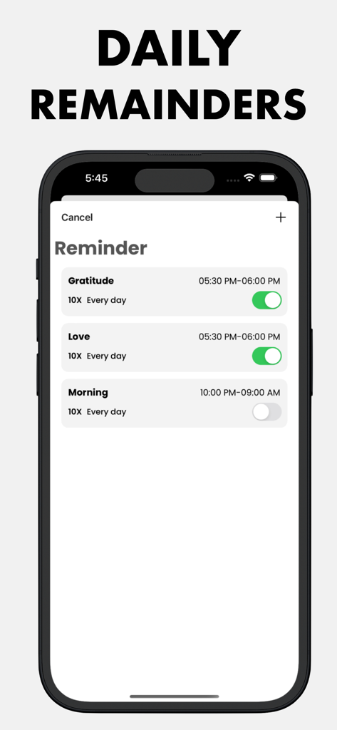 Manifest Affirmations : I Feel - Pantalla de configuración de recordatorios diarios en la aplicación Manifest Affirmations que muestra las categorías de gratitud y amor.
