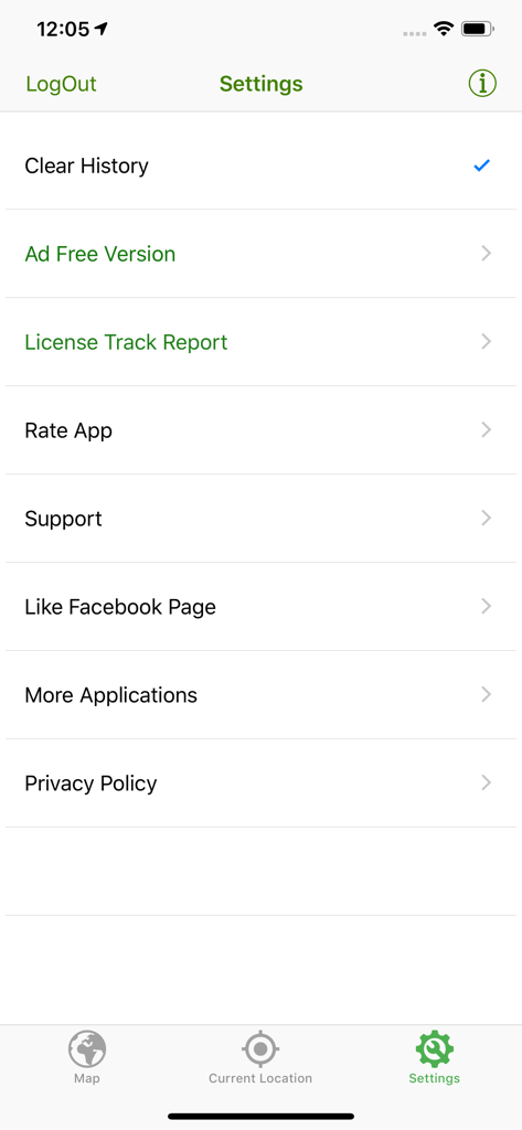 GPS Tracker - Phone Finder (L) - Settings menu of the GPS Tracker app displaying options for history management and licensing.