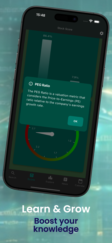 Stock Score - Una pantalla móvil de la aplicación Stock Score que muestra una ventana emergente que explica la métrica de valoración de la relación PEG.