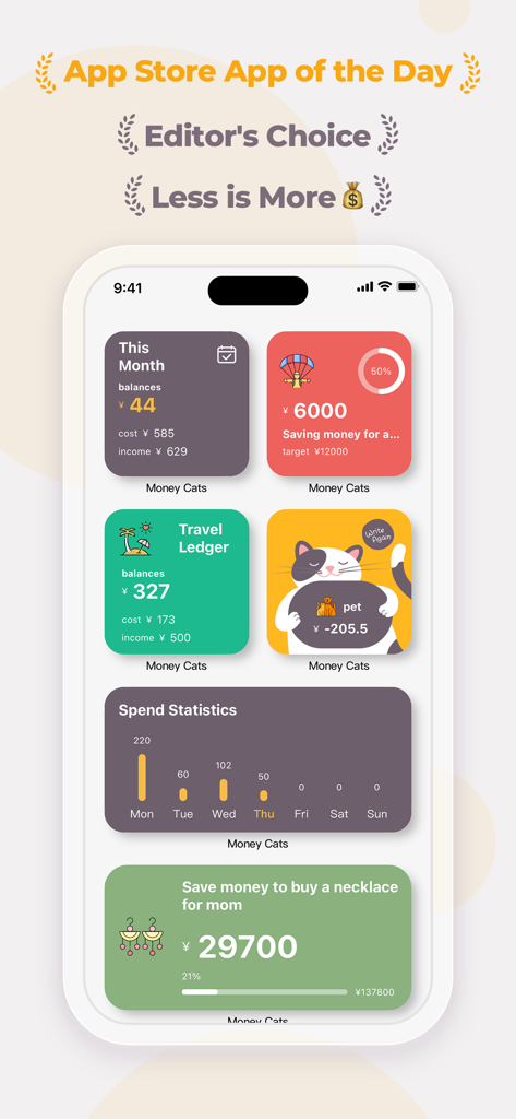 Captura de pantalla de los widgets de la aplicación Money Cats para rastrear gastos, objetivos de ahorro y estadísticas de gastos.