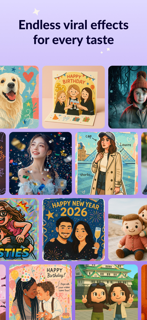 MagicBrew: AI Photo Editor - Una galleria che mostra diversi effetti fotografici AI tra cui stili cartone animato, cinematici e 3D nell'app MagicBrew