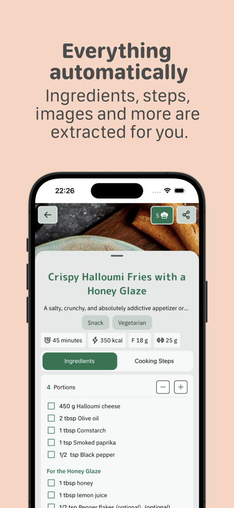 CookZone - Recipes Manager - Pantalla móvil mostrando la app CookZone con una receta de Crujientes de Halloumi que incluye ingredientes y datos nutricionales extraídos automáticamente
