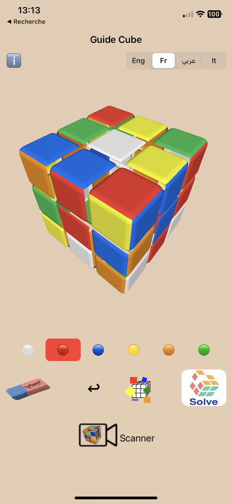 Solve and Scramble for Dummies app interface with 3D cube model and color picker tools