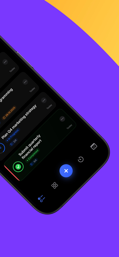 TaskSteps: To Do List & Focus - TaskSteps app interface on iPhone showing a prioritized task list in dark mode