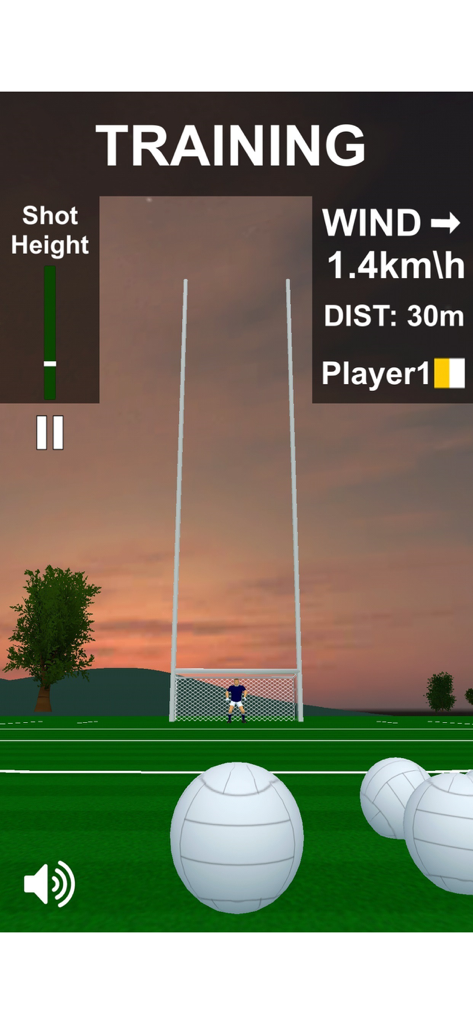 Training mode screen in Flick Gaelic Football showing goal posts and wind conditions at sunset