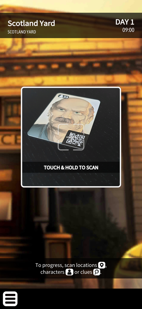 Chronicles of Crime - Scanning a character card QR code in the Chronicles of Crime app at Scotland Yard