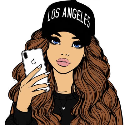 realistic beautiful girl wearing los ángeles cap holding an iphone