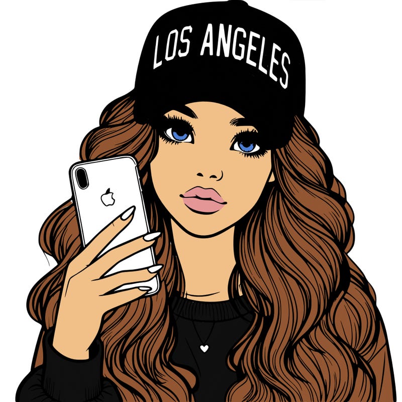 realistic beautiful girl wearing los ángeles cap holding an iphone