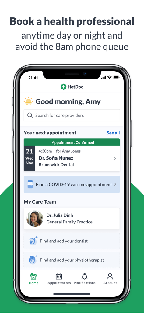 HotDoc mobile app dashboard displaying upcoming appointments and care team management