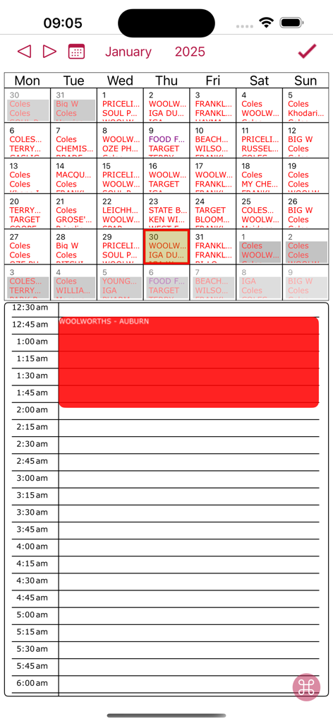 Purveyance - Monthly and daily calendar view in the Purveyance app showing scheduled store visits for field sales representatives.
