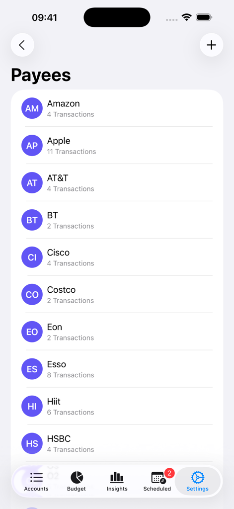 A list of payees and their transaction counts in the Indigo Money personal finance app.