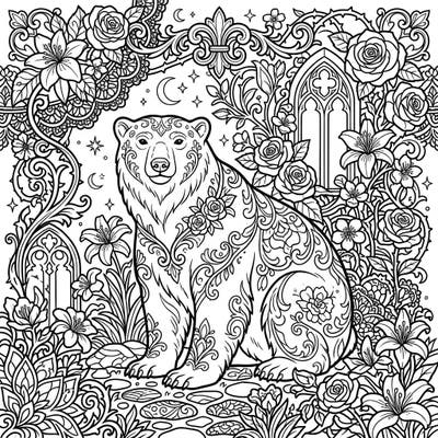 Discover a truly unique artistic adventure with this Gothic polar bear coloring page set in a mysterious spring garden. Intricate floral patterns and elegant Victorian-inspired details invite you to immerse yourself in a world of melancholic beauty and creative expression.