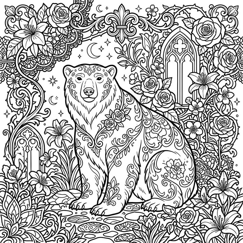 Discover a truly unique artistic adventure with this Gothic polar bear coloring page set in a mysterious spring garden. Intricate floral patterns and elegant Victorian-inspired details invite you to immerse yourself in a world of melancholic beauty and creative expression.
