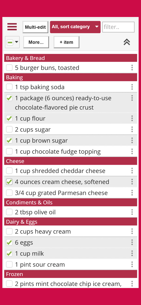 Copy Me That recipe manager - Digital shopping list in the Copy Me That app organized by grocery store category