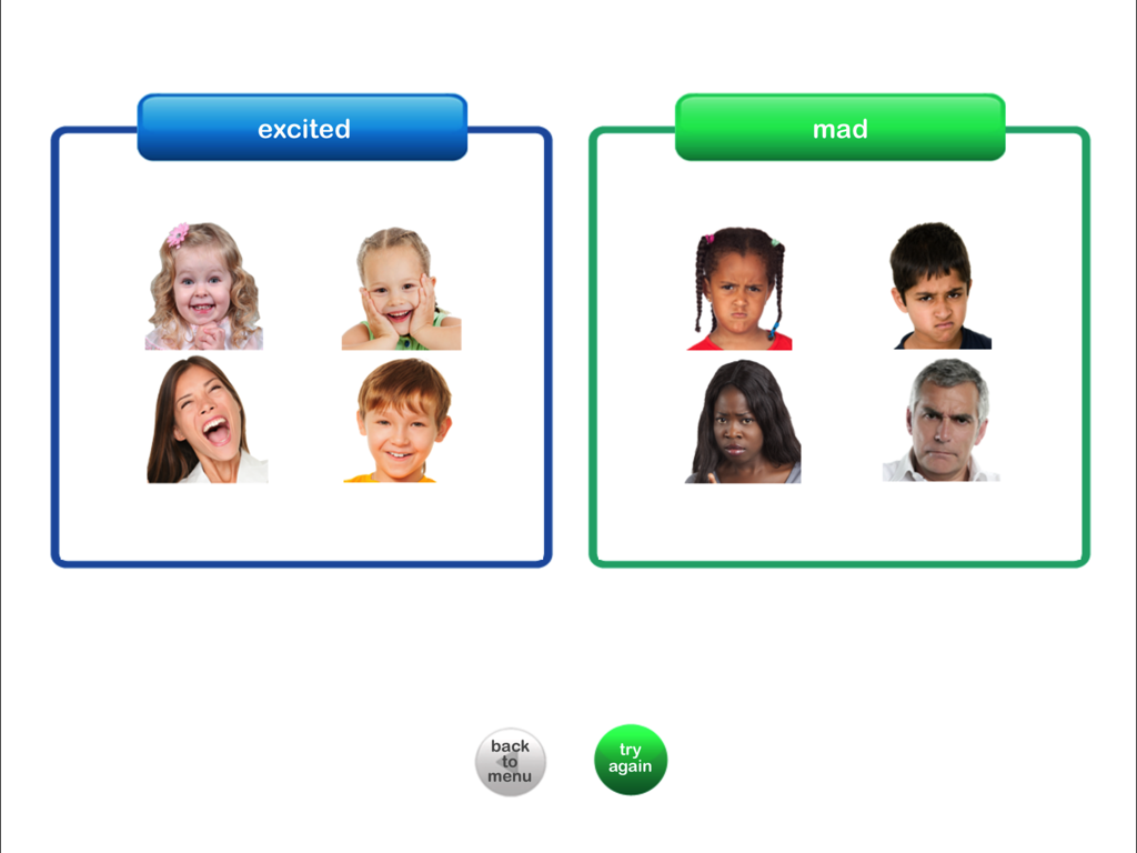 Autism iHelp – Sorting SLP - An educational sorting activity in the Autism iHelp app where real photos of people are categorized into boxes labeled excited and mad.