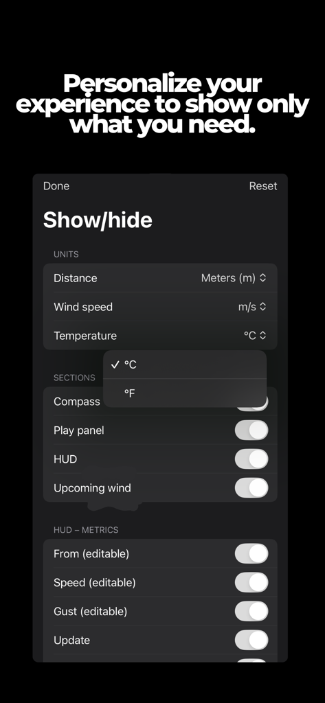 Personalization settings screen in the Tour Wind Golf app showing options for units and data display metrics