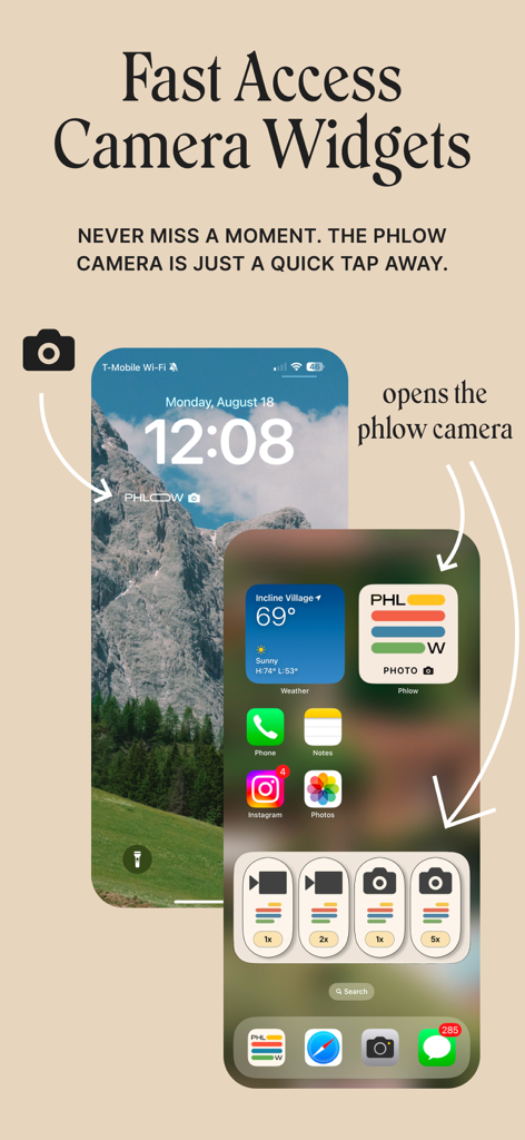 Phlow: Camera & Photo Editor - Phlow app camera widgets on an iPhone lock screen and home screen for quick access to photo and video modes.