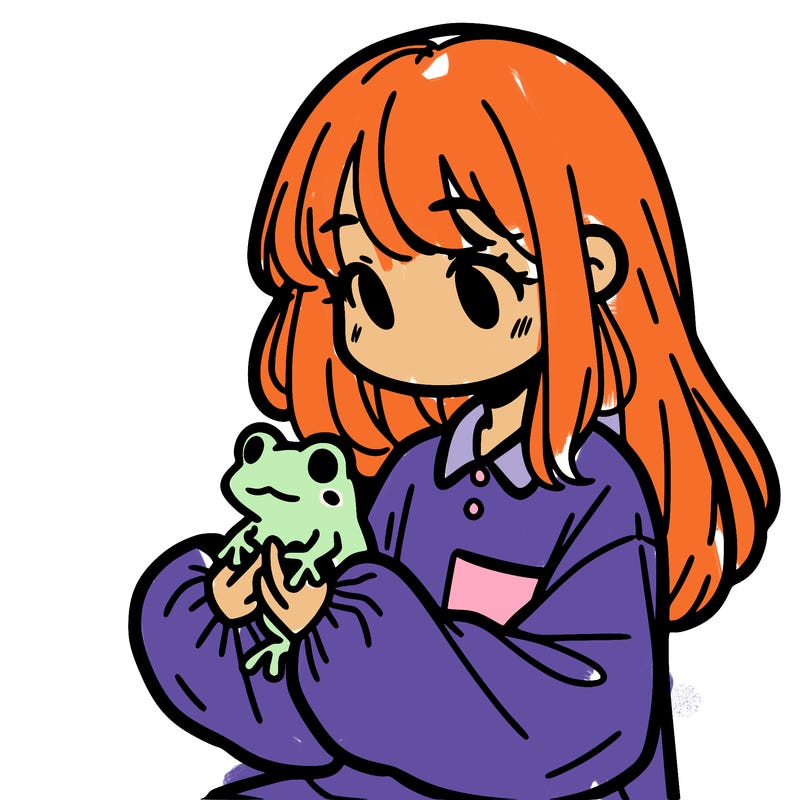 girl with long hair and a oversized shirt. and she is holding a frog
