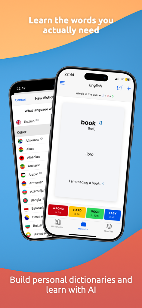 EveryWord: Memorize by Heart - EveryWord app interface showing a vocabulary flashcard for the word book and a language selection menu