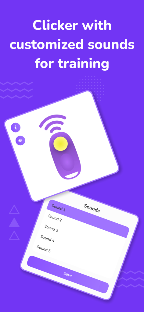 Dog Training App: Train My Dog - Interface do Dog Training App mostrando uma ferramenta de clicker digital com um menu para sons de treino personalizados