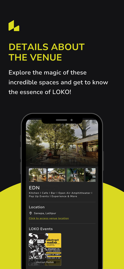 Loko - Explore. Experience. - The Loko app interface showing a venue profile with photos, location, and a list of upcoming local events.