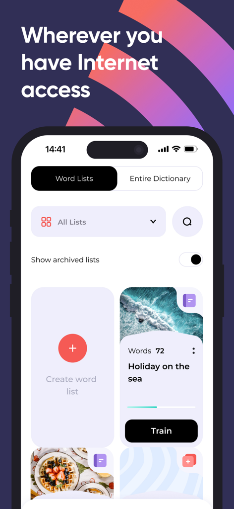 Englex: English Online - Englex mobile app screen showing English vocabulary word lists and training options