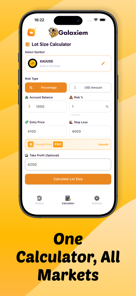 Lot Size Calculator - Galaxiem - Professional lot size calculator for forex traders showing risk percentage and gold trading parameters.