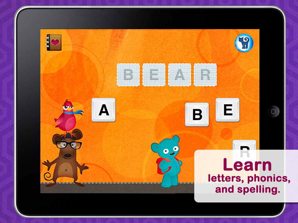 Word Wagon - Duck Duck Moose - Educational app interface showing a child learning to spell the word BEAR with letter tiles on an iPad