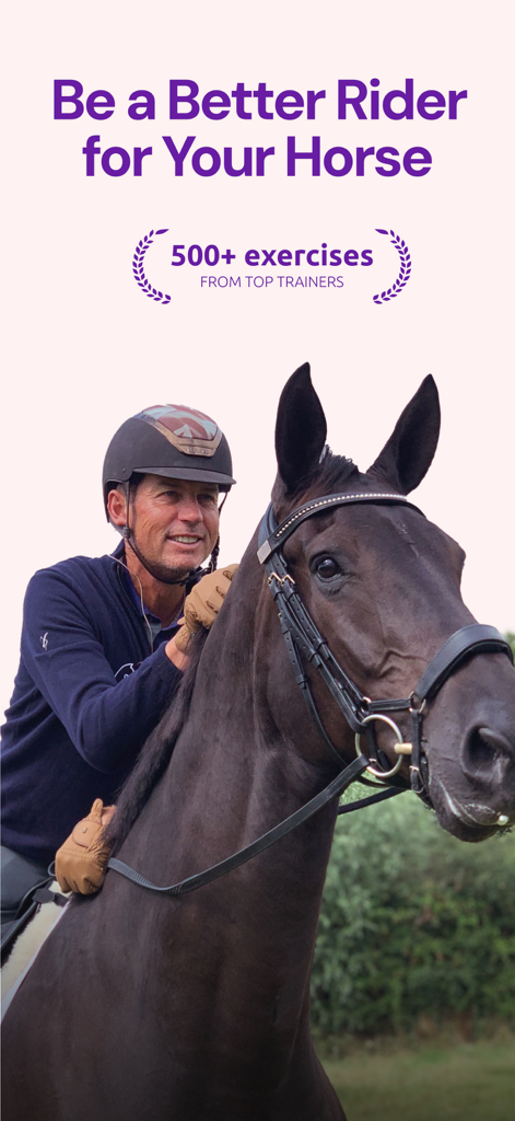 Ridely - Horse Riding - An equestrian riding a horse with the text Be a Better Rider for Your Horse and mention of over five hundred exercises