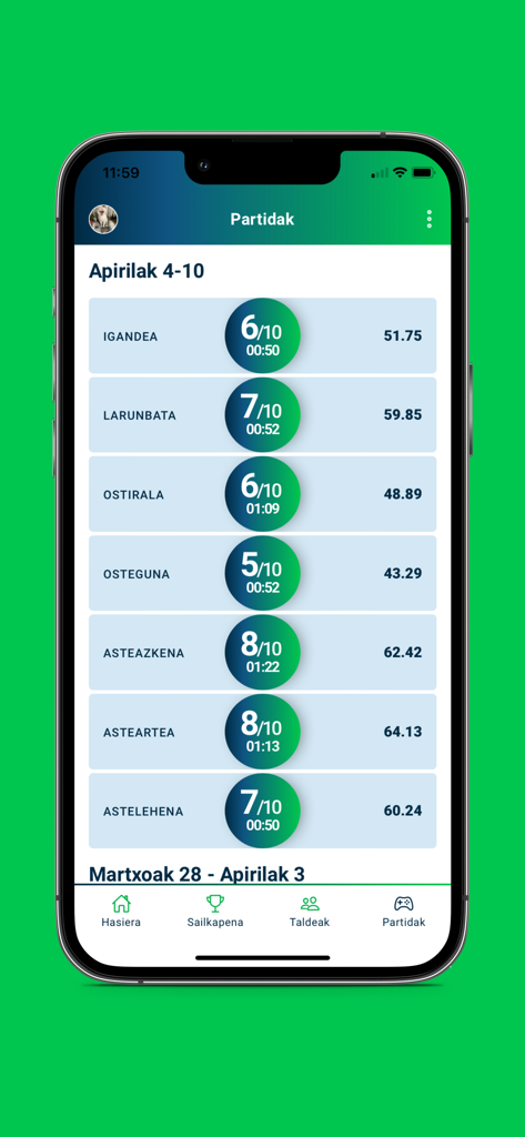 Pantalla de la aplicación móvil que muestra los resultados y puntuaciones de los juegos semanales en vasco