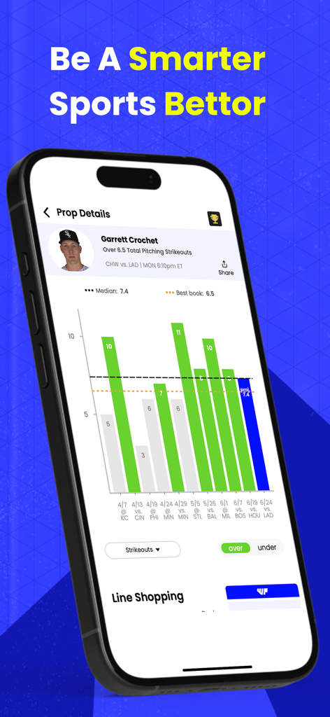 iPhone screen showing WalterPicks app interface with player prop details and historical performance chart for a baseball player
