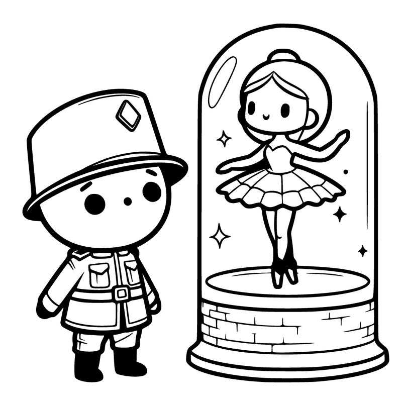 picture a cute chibi tin soldier gazing up in awe at a chibi ballerina inside a glass dome. the scene is in black and white, designed to be easy and playful for coloring, with a simple, flat chibi style that children will enjoy. the tin soldier is standing upright with his arms at his sides, while the ballerina gracefully dances on her toes inside the dome. let kids use their imagination to bring this charming scene to life with their favorite colors