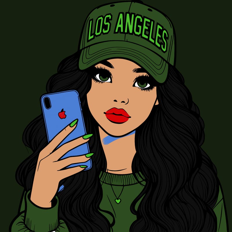 realistic beautiful girl wearing los ángeles cap holding an iphone