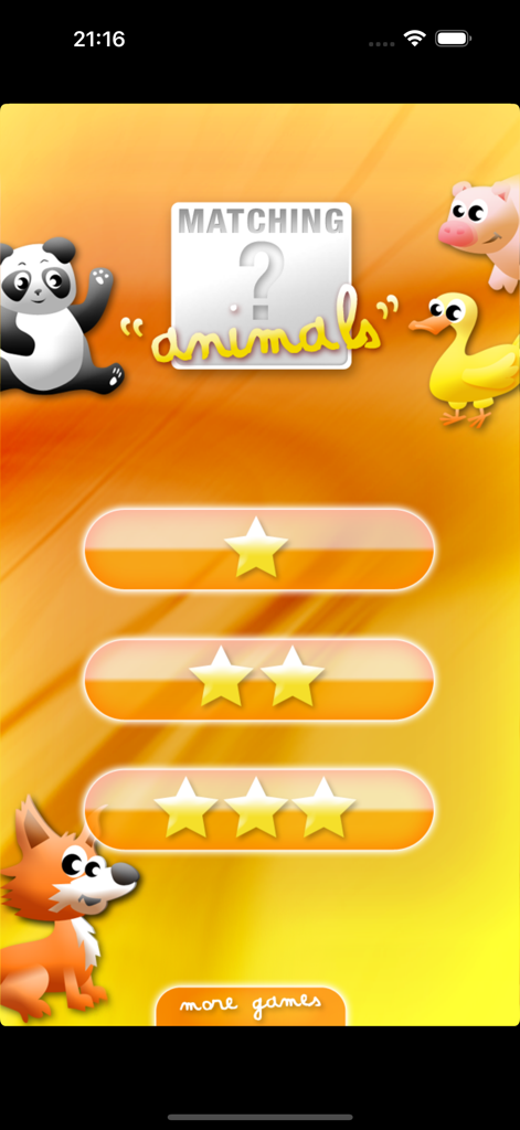 Main menu of the Animals Matching for Kids app featuring three star based difficulty levels and colorful cartoon animals