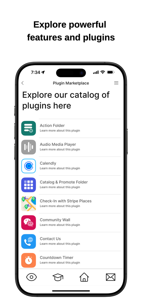 Buildfire - Screenshot of BuildFire Plugin Marketplace showing various feature integrations for mobile app development
