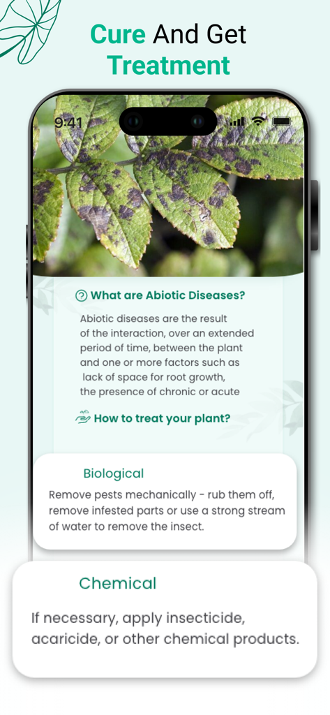 Plant Disease Diagnosis App - Interfaz de una aplicación móvil que muestra opciones de tratamiento biológico y químico para plantas enfermas