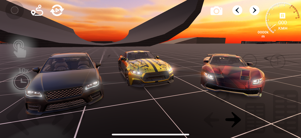FlexicX - Three realistic car models on a grid in the FlexicX mobile physics simulator during sunset