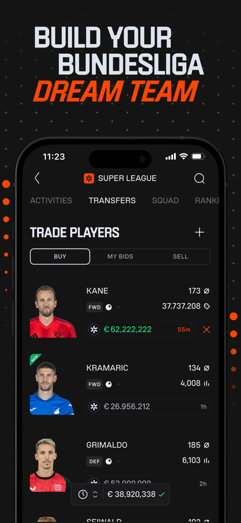 Interface of the Kickbase app showing the trade players section for building a Bundesliga dream team