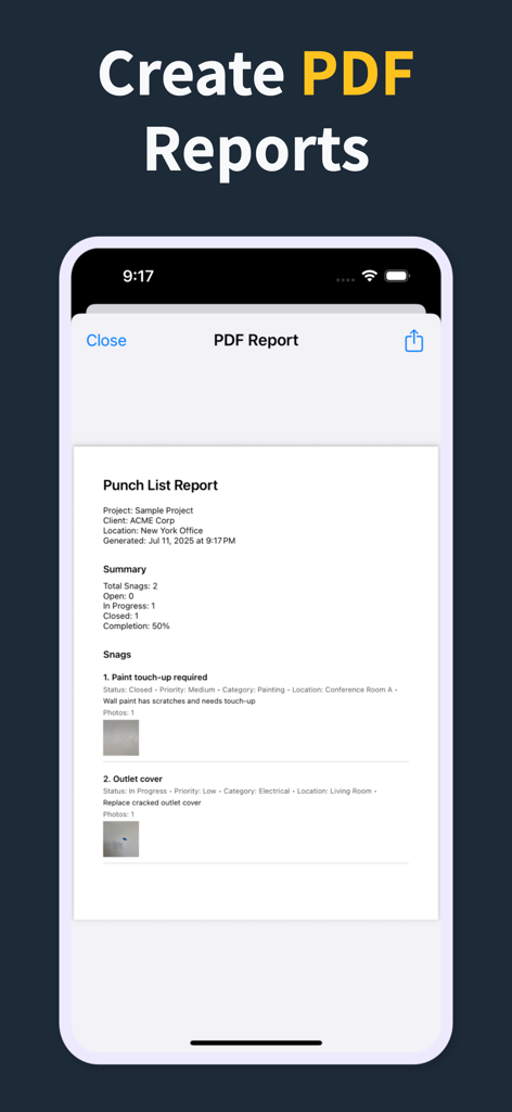 モバイルアプリのスクリーンショットで、プロジェクト概要と不具合写真を含む詳細なプロフェッショナルPDF建設レポートが表示されています