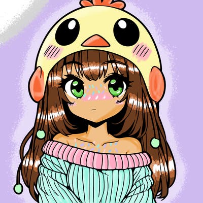 anime girl with chick shaped hat with sweater with bare shoulders with bangs covering them one eye with low tail