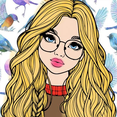 girl with long hair and freckles and glasses realistic