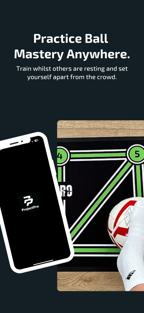 Project Pro: Ball Mastery - A soccer player practicing footwork on a numbered training mat using the Project Pro app on a smartphone