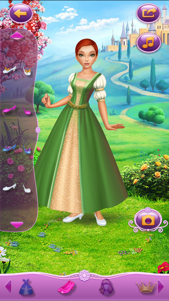 Dress Up Princess Anne - Princess Anne in a green gown choosing shoes in a royal garden with a castle background