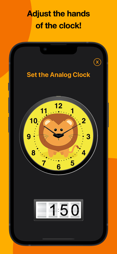 Kids Tell Time! - Educational app screen showing an interactive analog clock with a lion illustration and a digital time display of 1:50.