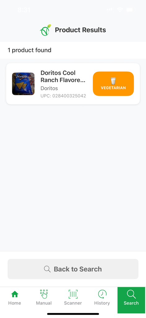 Is It Vegan? - A product search result in the Is It Vegan app showing Doritos Cool Ranch chips categorized as vegetarian