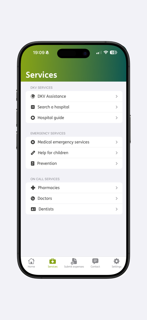 La pantalla del menú de servicios de la aplicación Seguro DKV que enumera los servicios médicos y de emergencia.