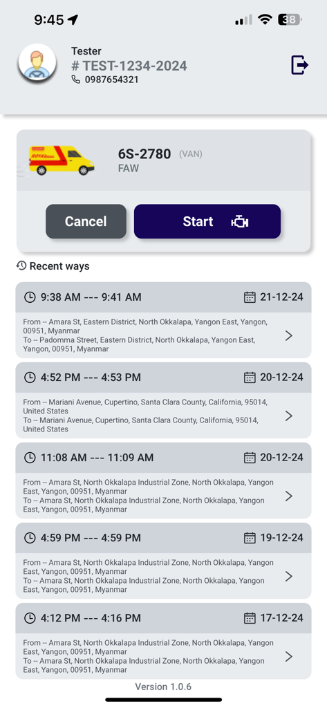 Interface do aplicativo Royal Express Transport mostrando pontos de passagem recentes da viagem e atribuição do veículo