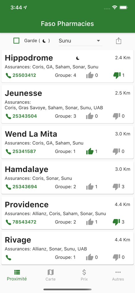 List of pharmacies in Burkina Faso showing proximity insurance and contact information on the Faso Sante mobile app